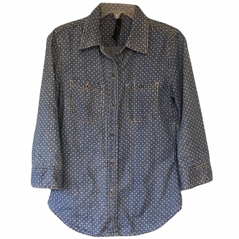 Seven7 Chambray Patterned Button Down Top XS